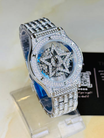 Silver Iced Out Spinner Star Dial Watch