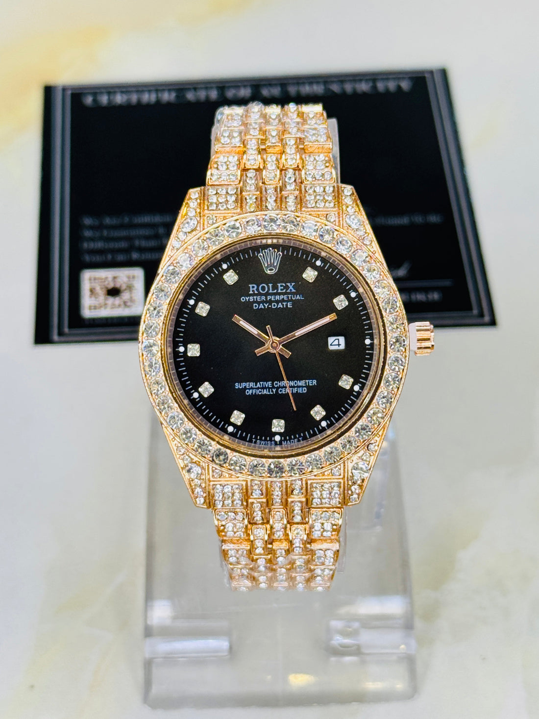 Rose Gold Black Perpetual Iced Watch For Her