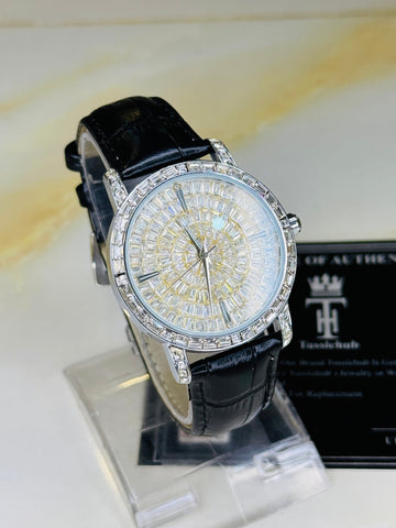 Round Zircon Dial Leather Strap Watch For Her