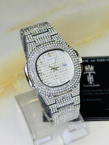 Silver Iced Out Nautilus Watch