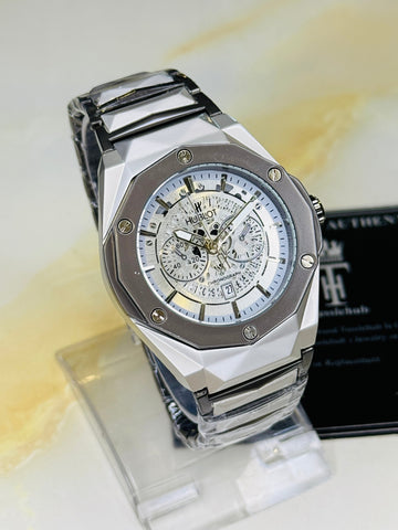 Two Tone Prism Chain Strapped Silver Hologram Dial Hublot Watch