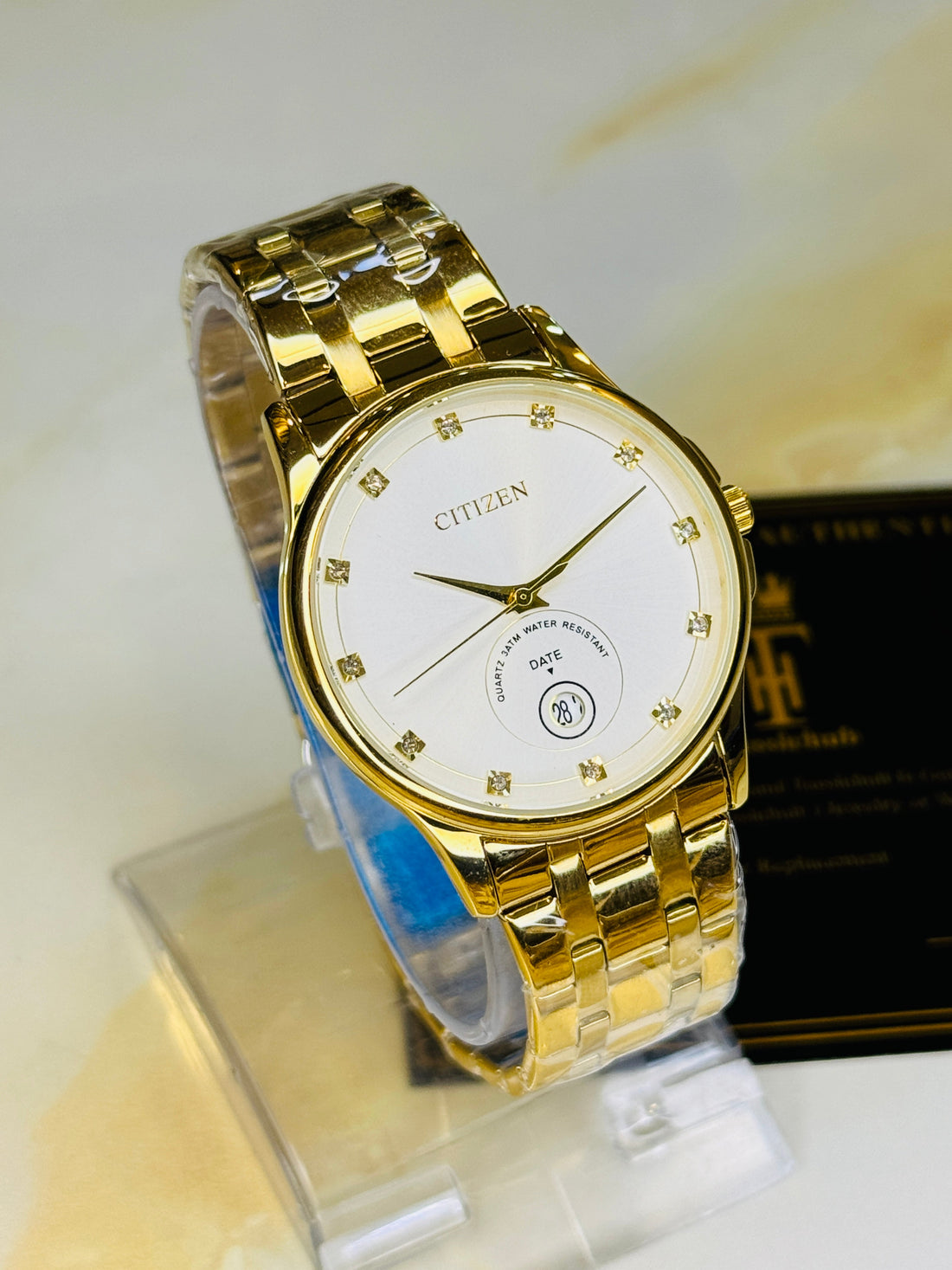 Gold White Down Date Citizen Couple Watch