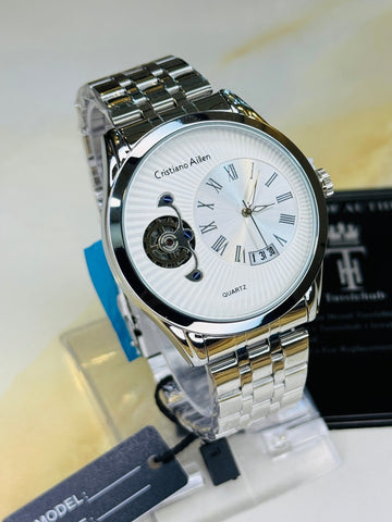 Silver Cristiano Aillen White Spiral Gear Dial Watch