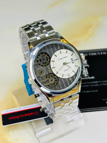 Silver Cristiano Aillen Black White Dial Dual Gear Watch