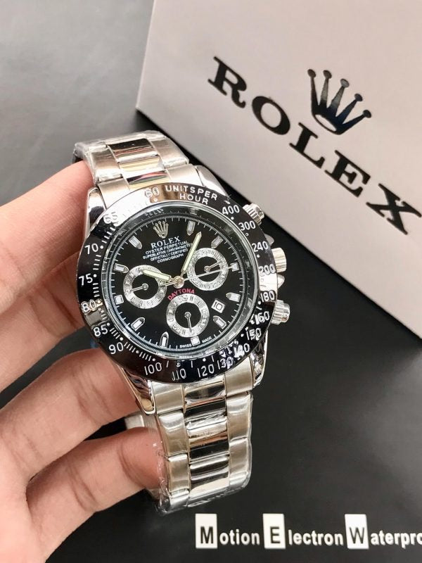 Rolex Daytona Rotating Bezel Quartz Machine | Quartz Chronograph Movement Silver Stainless Steel Strap Watch.