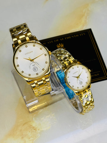 Gold White Down Date Citizen Couple Watch