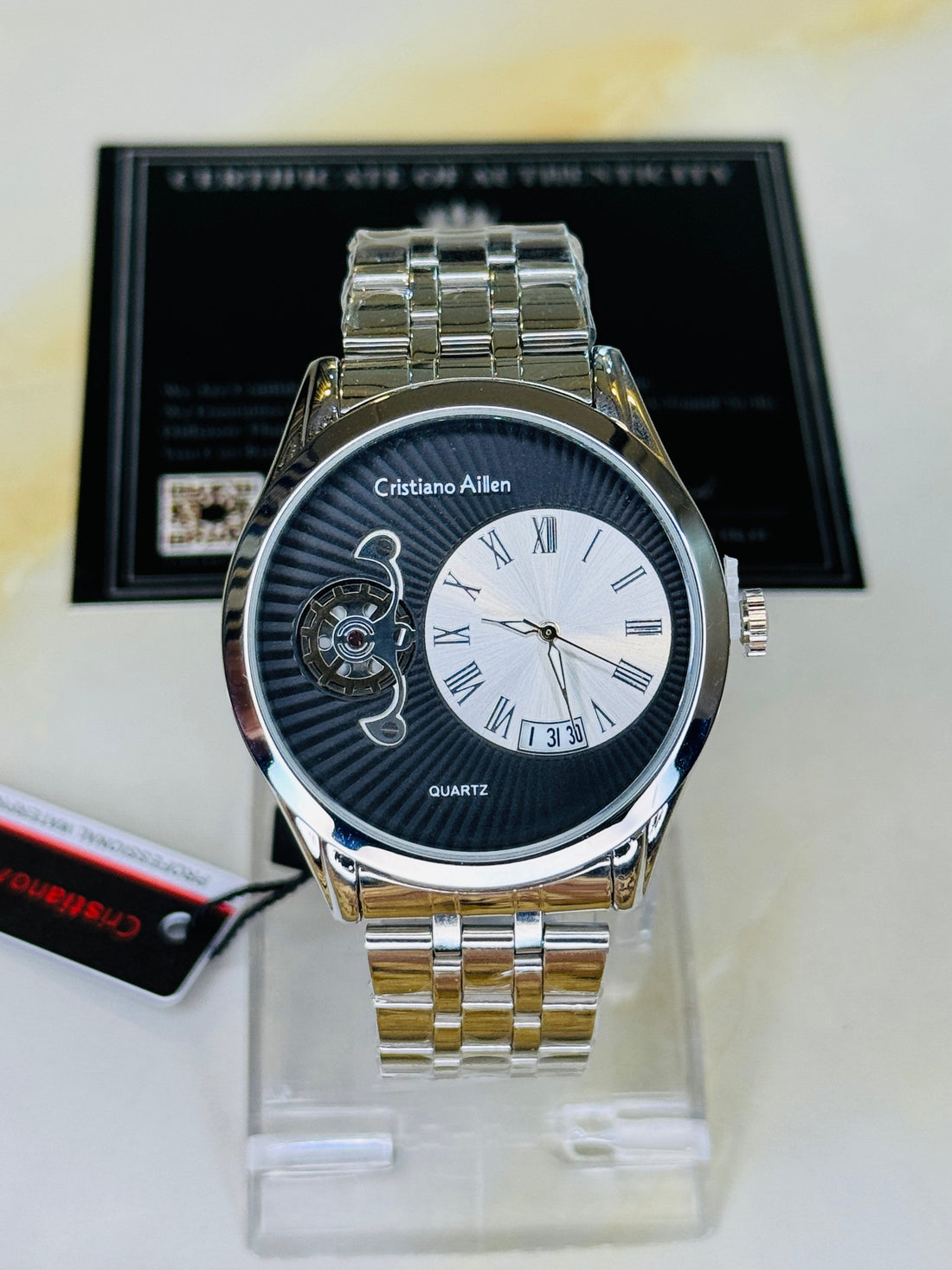 Silver Cristiano Aillen Black Spiral Gear Dial Watch