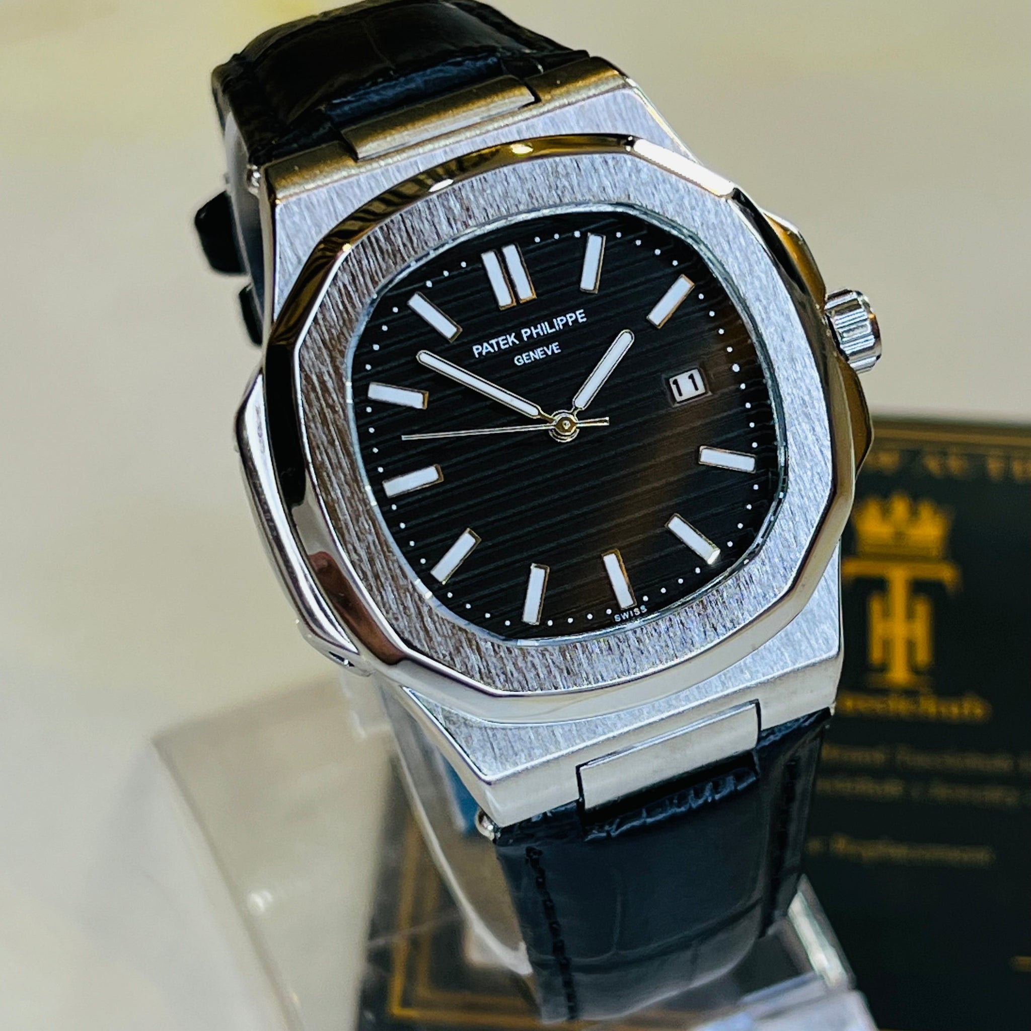 Black Leather Silver Black Dial Nautilus Watch