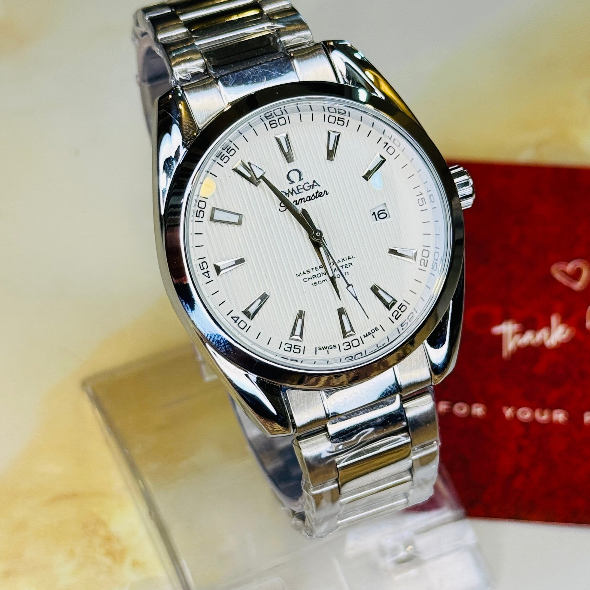 Silver White Chain Strapped Omega Sea Master Watch
