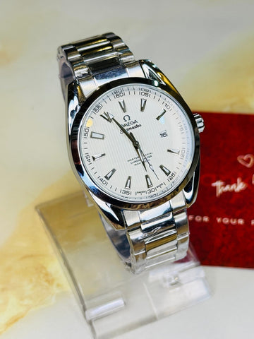 Silver White Chain Strapped Omega Sea Master Watch