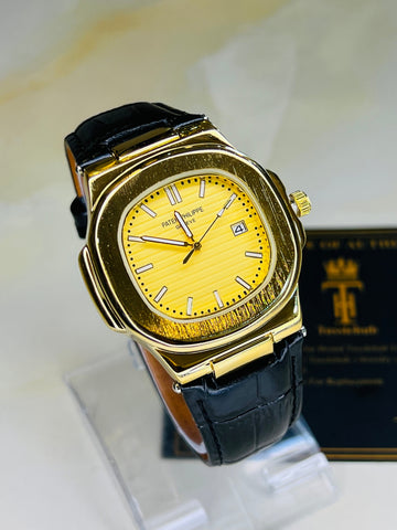 PP Black Leather Strapped Gold Nautilus Watch