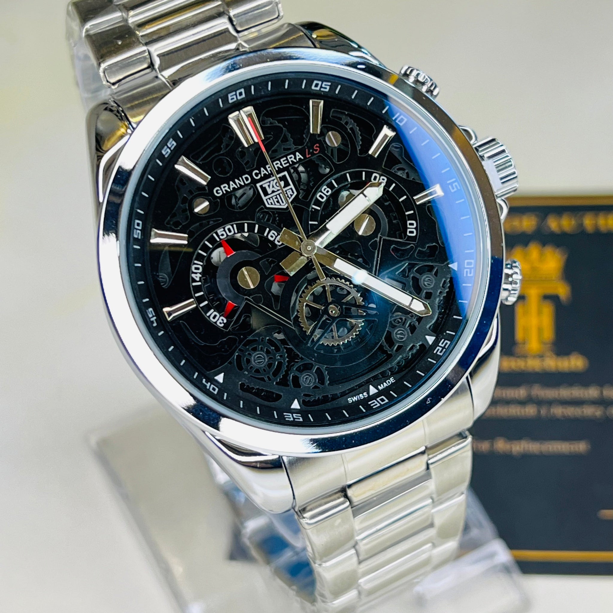 Silver Black Grand Carrera Chain Strap Chronographs  Watch