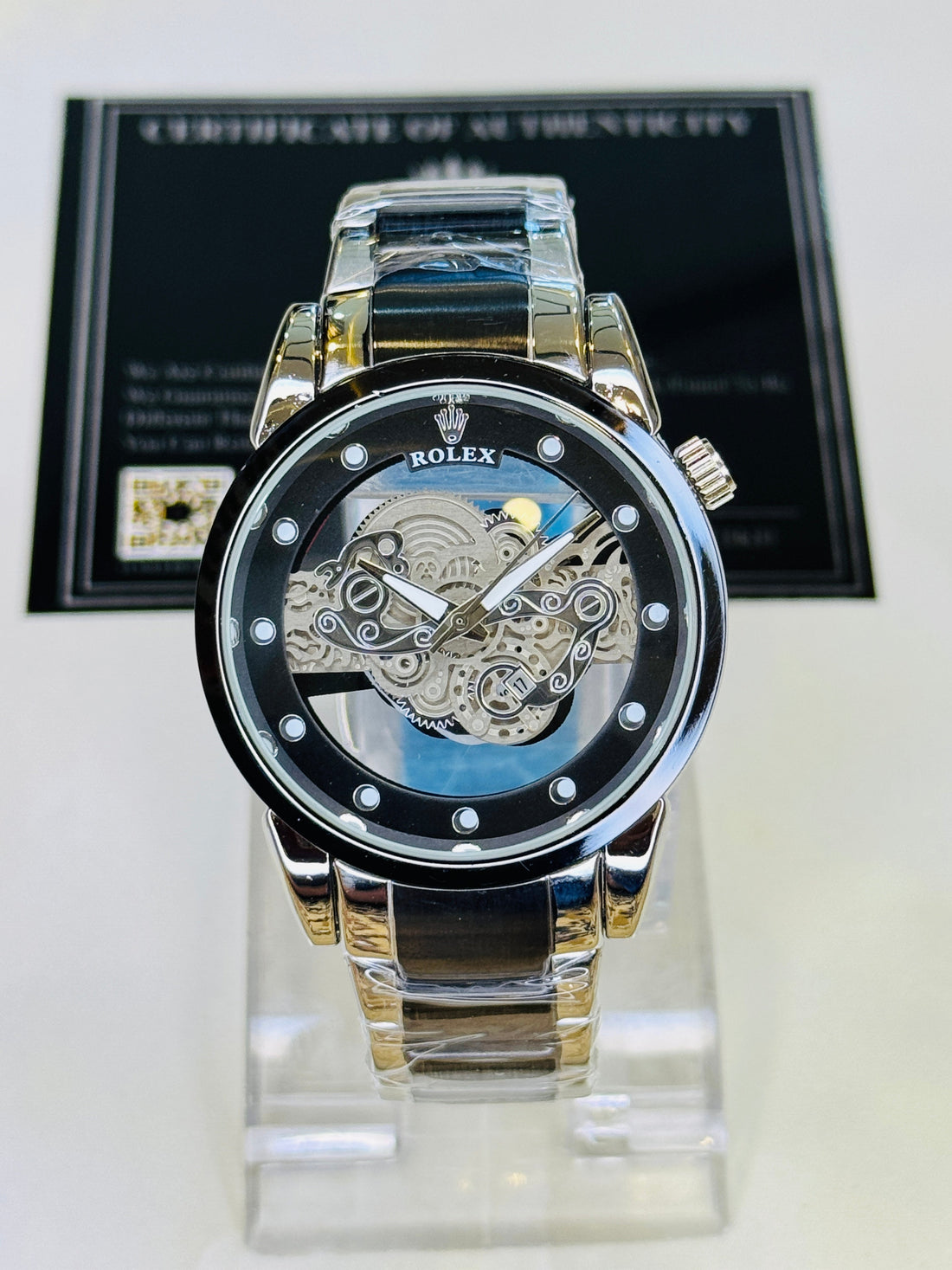 Silver Black Skeleton Rolex Watch
