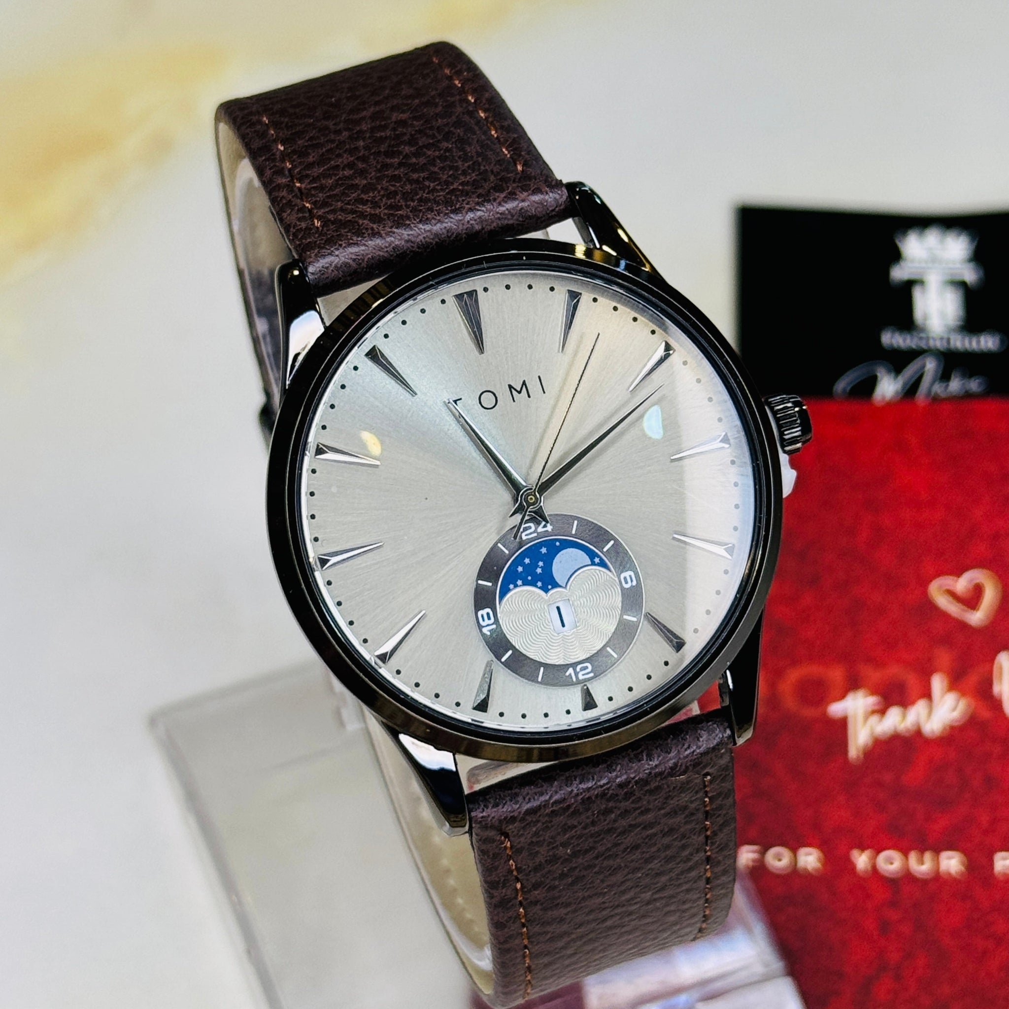 Tomi Coffee Grey Leather Magnetic Strap Watch