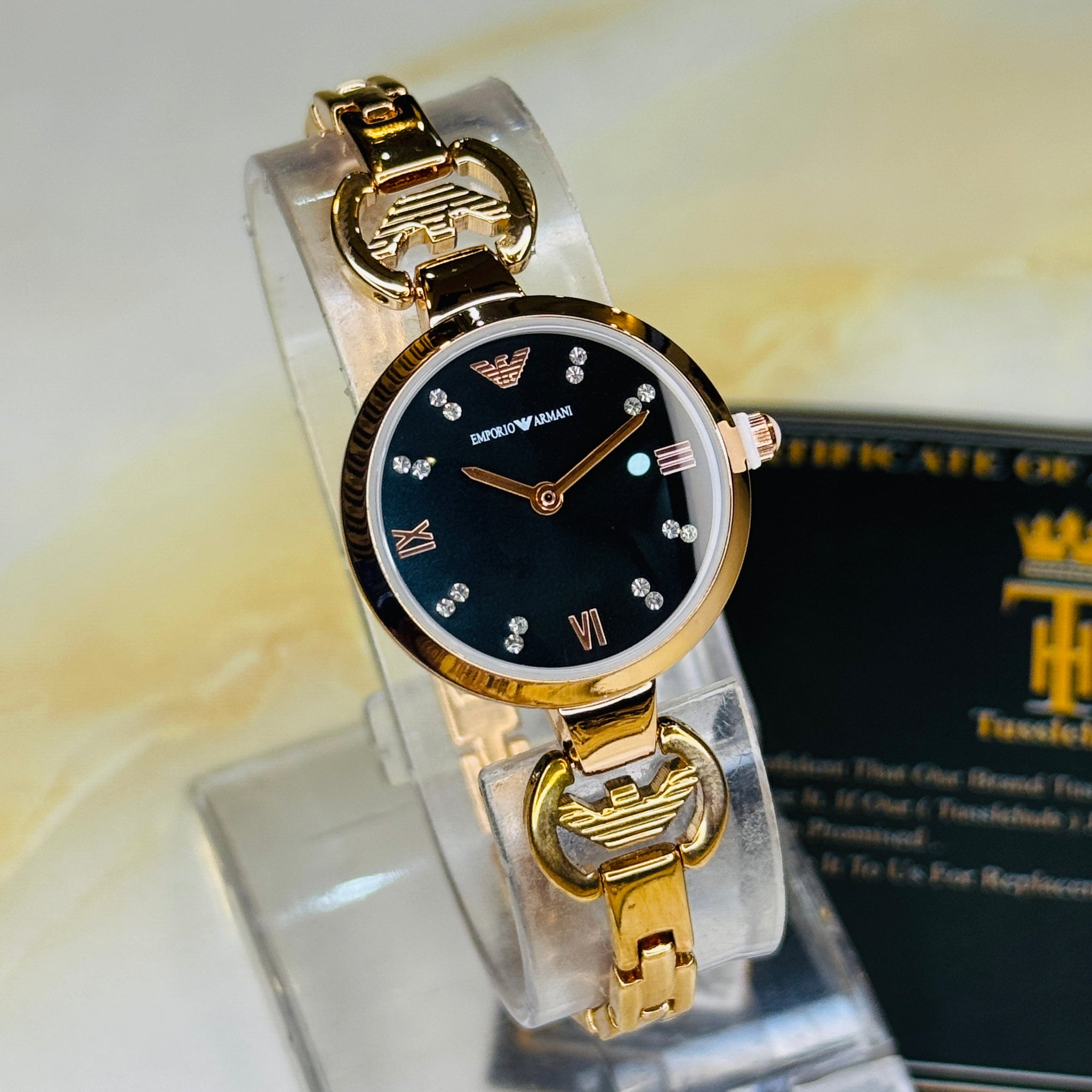 Emporio Rose Gold Black Watch for her