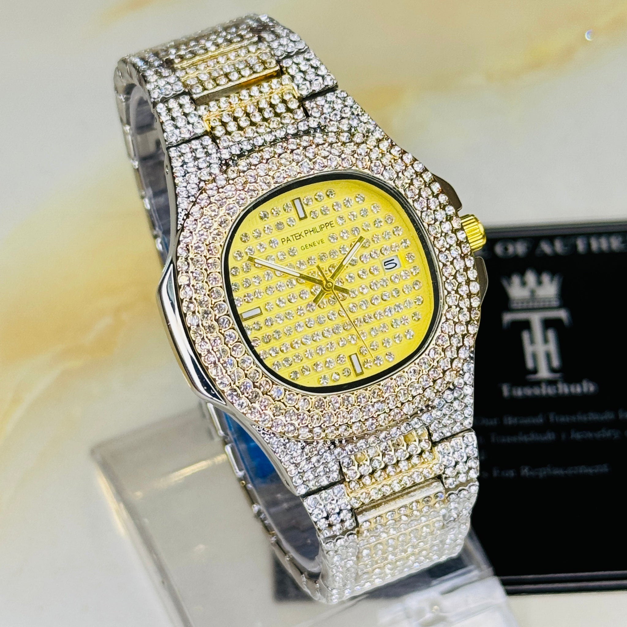 Two Tone Iced Out Nautilus Watch
