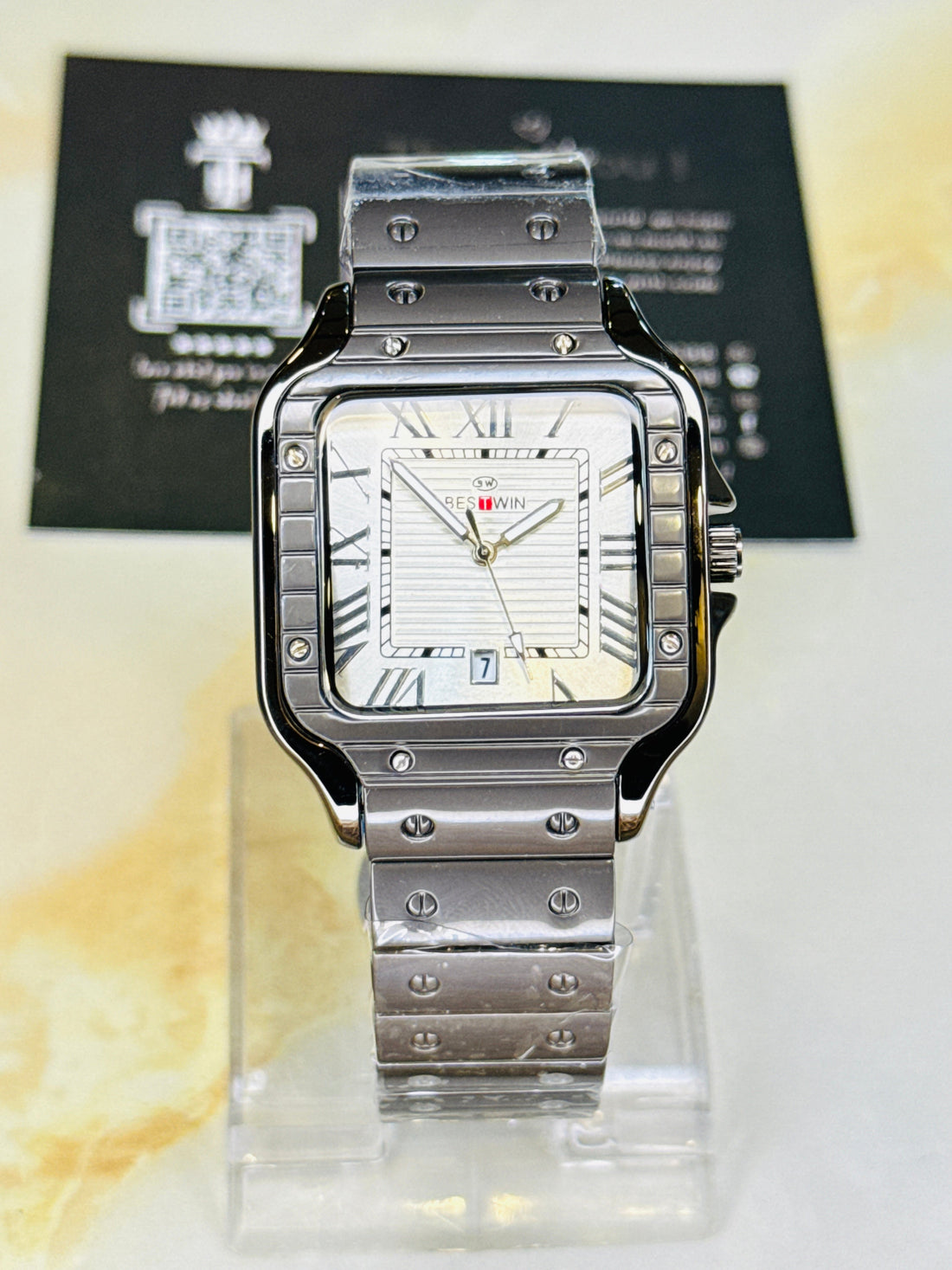 Matte Black Santos White Dial Watch