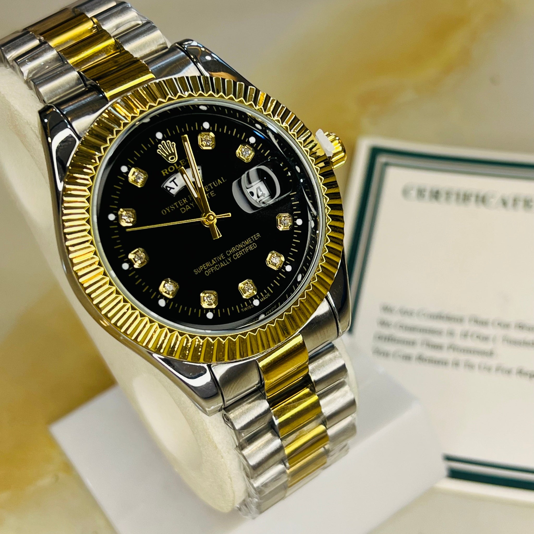 Premium Day Date Two Tone Black Dial Watch