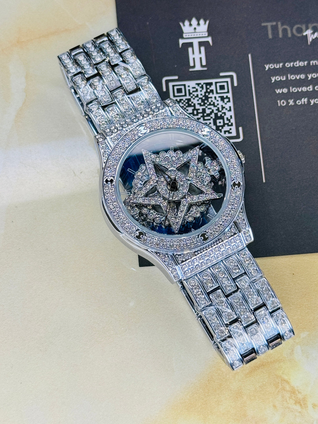 Silver Iced Out Spinner Star Dial Watch