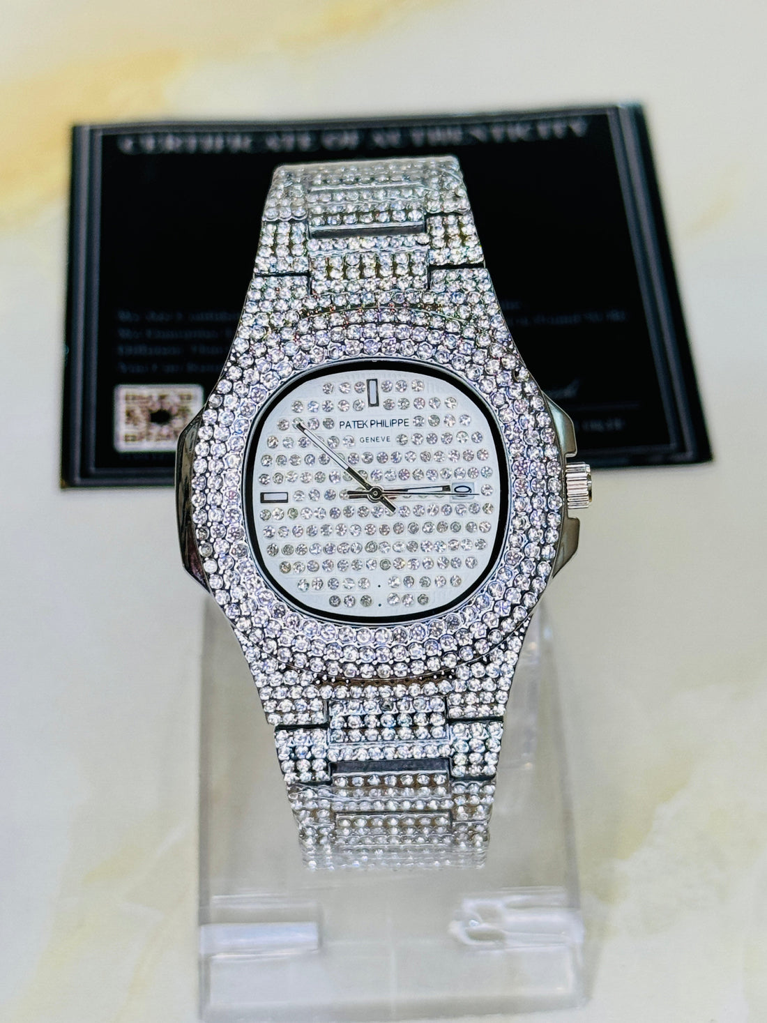 Silver Iced Out Nautilus Watch