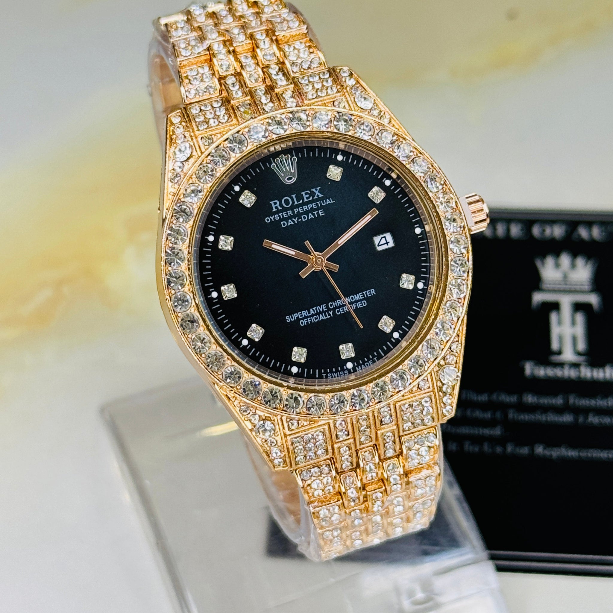 Rose Gold Black Perpetual Iced Watch For Her