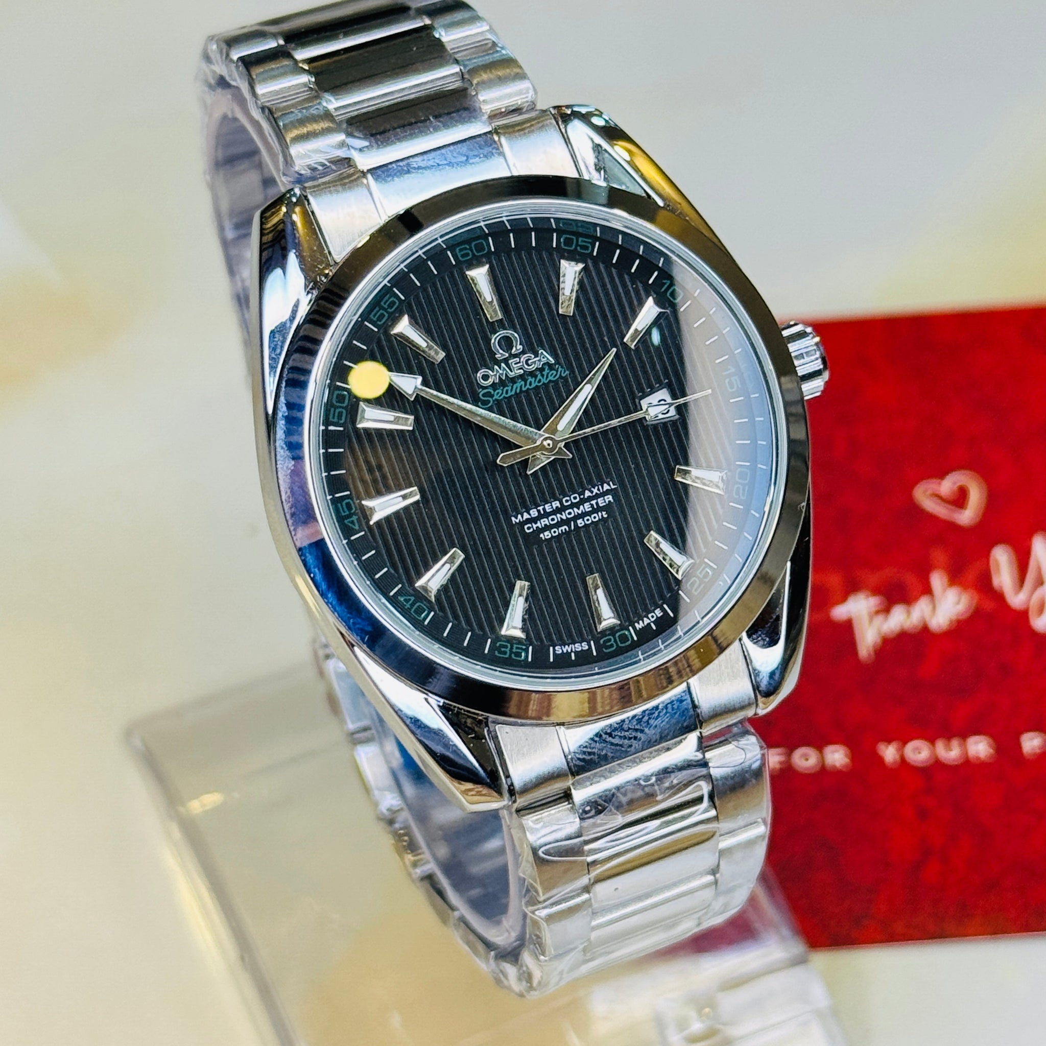 Silver Black Chain Strapped Omega Sea Master Watch