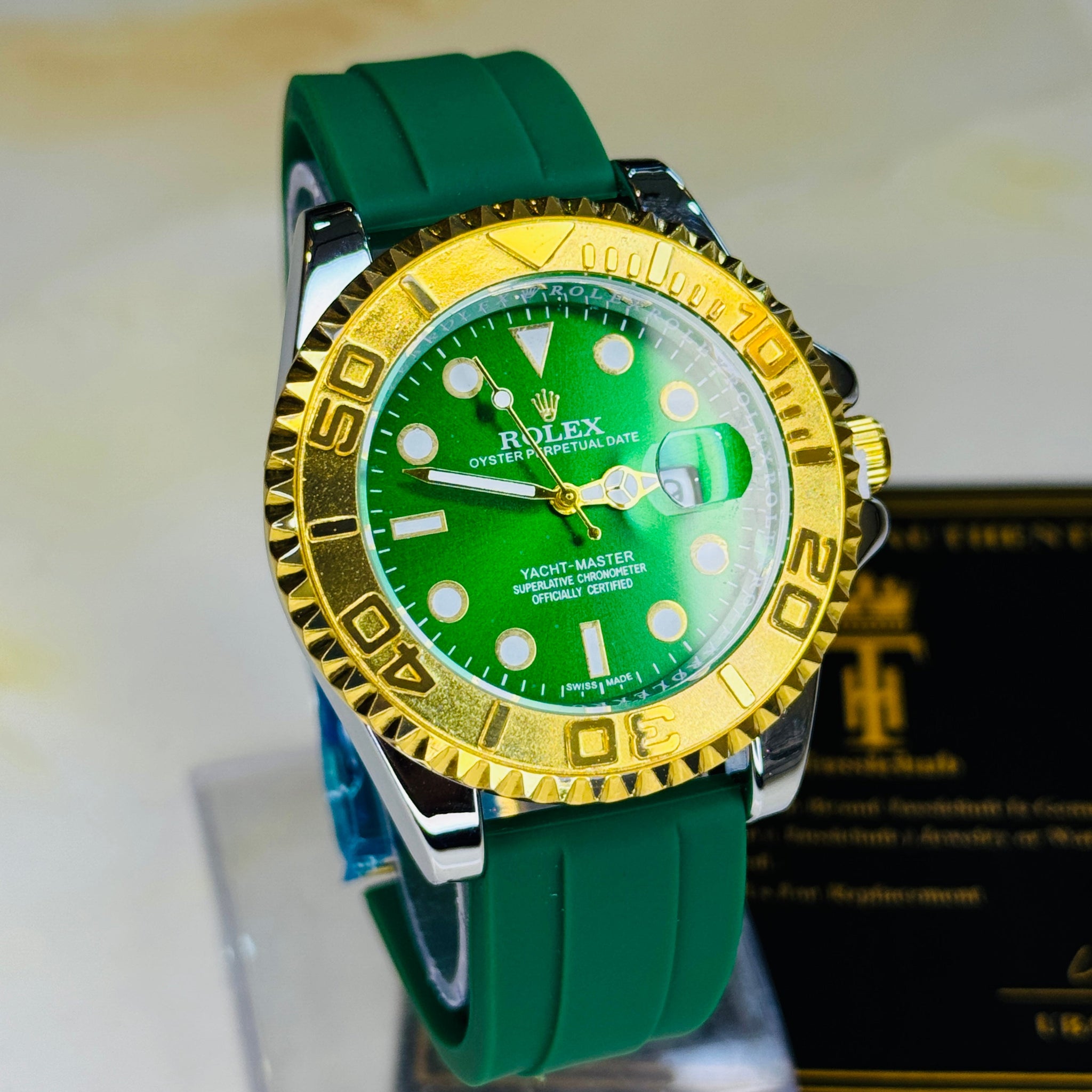 Green Gold Dial Black Yatchmaster Watch