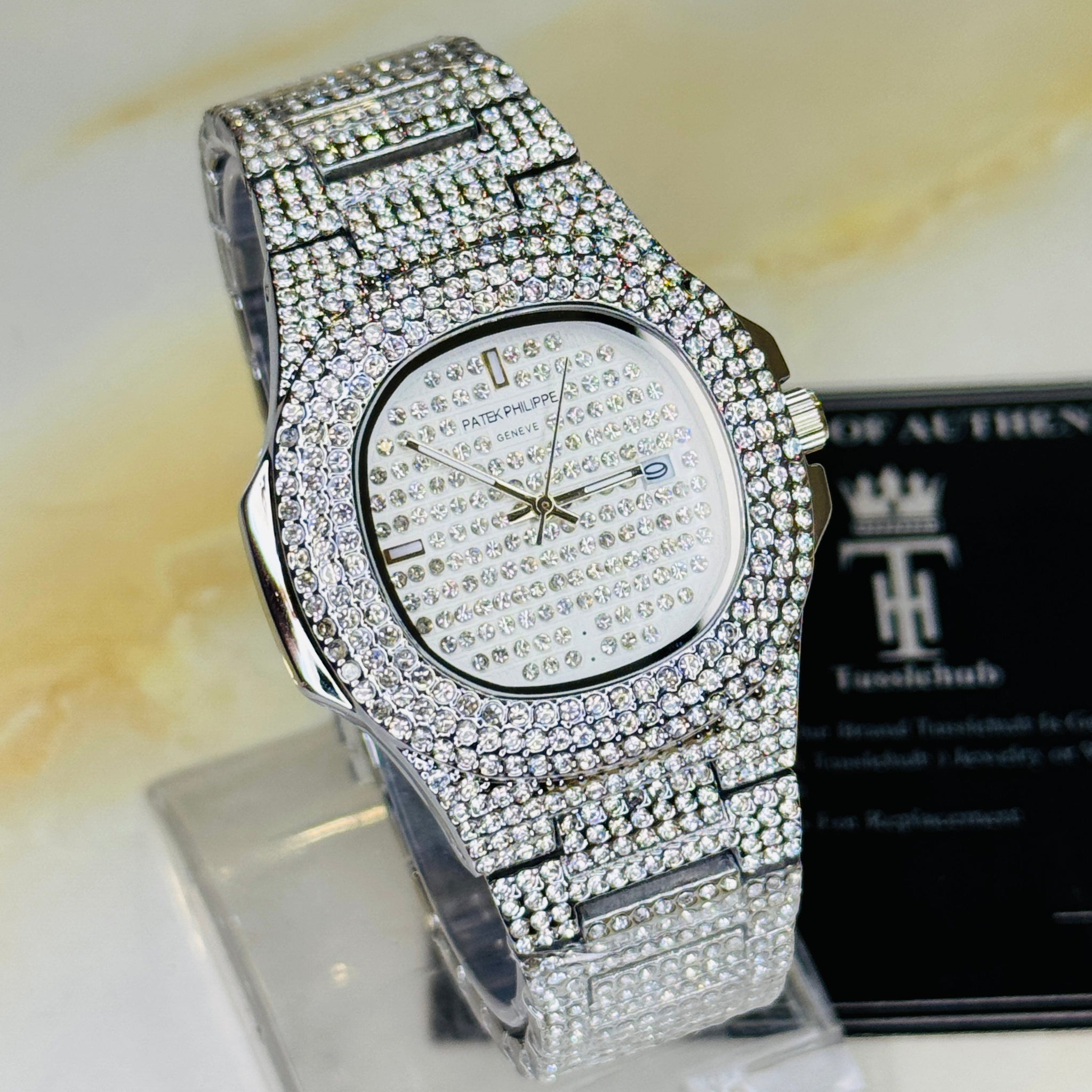 Silver Iced Out Nautilus Watch