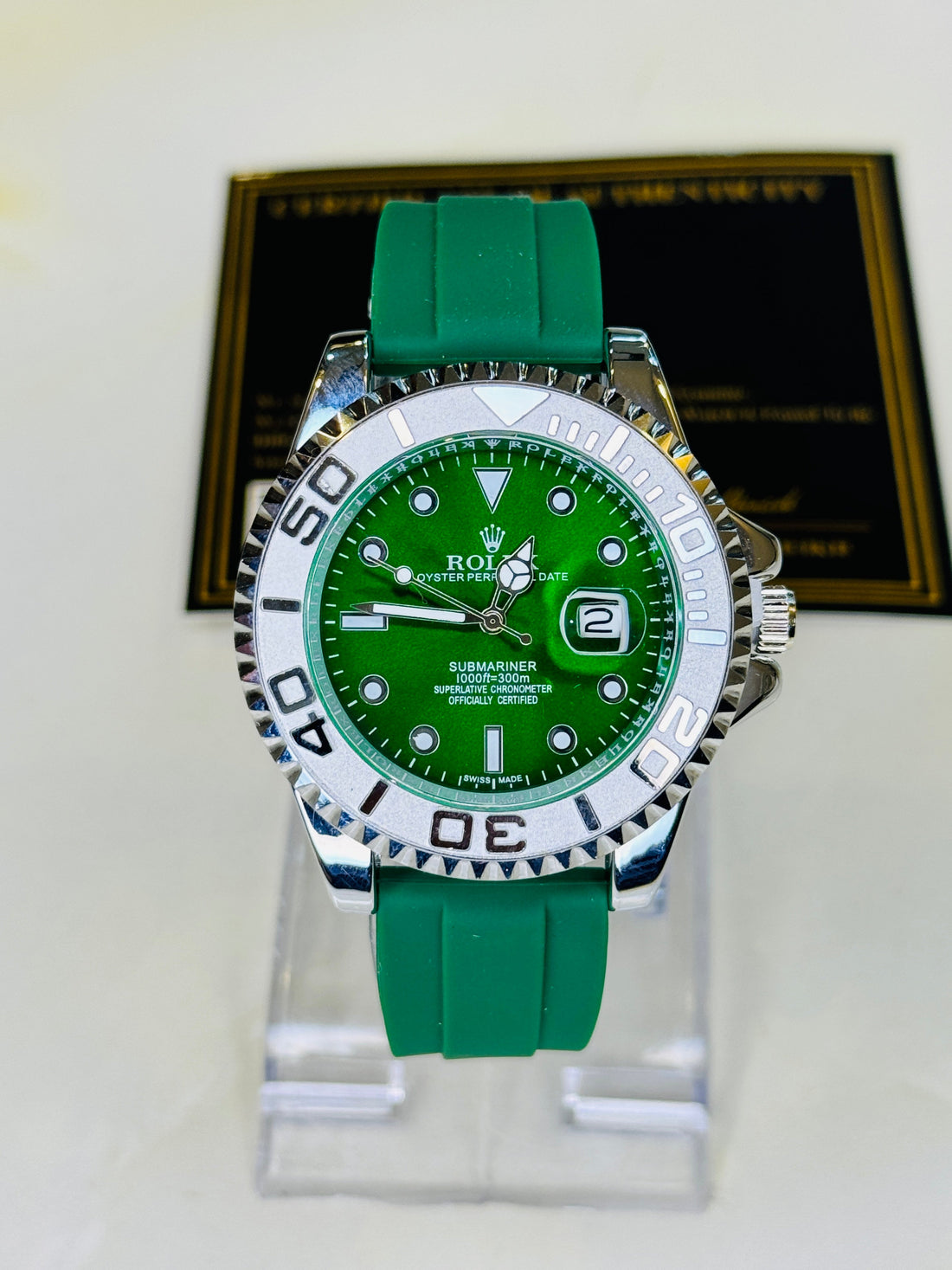 Green Silver Dial Black Yatchmaster Watch