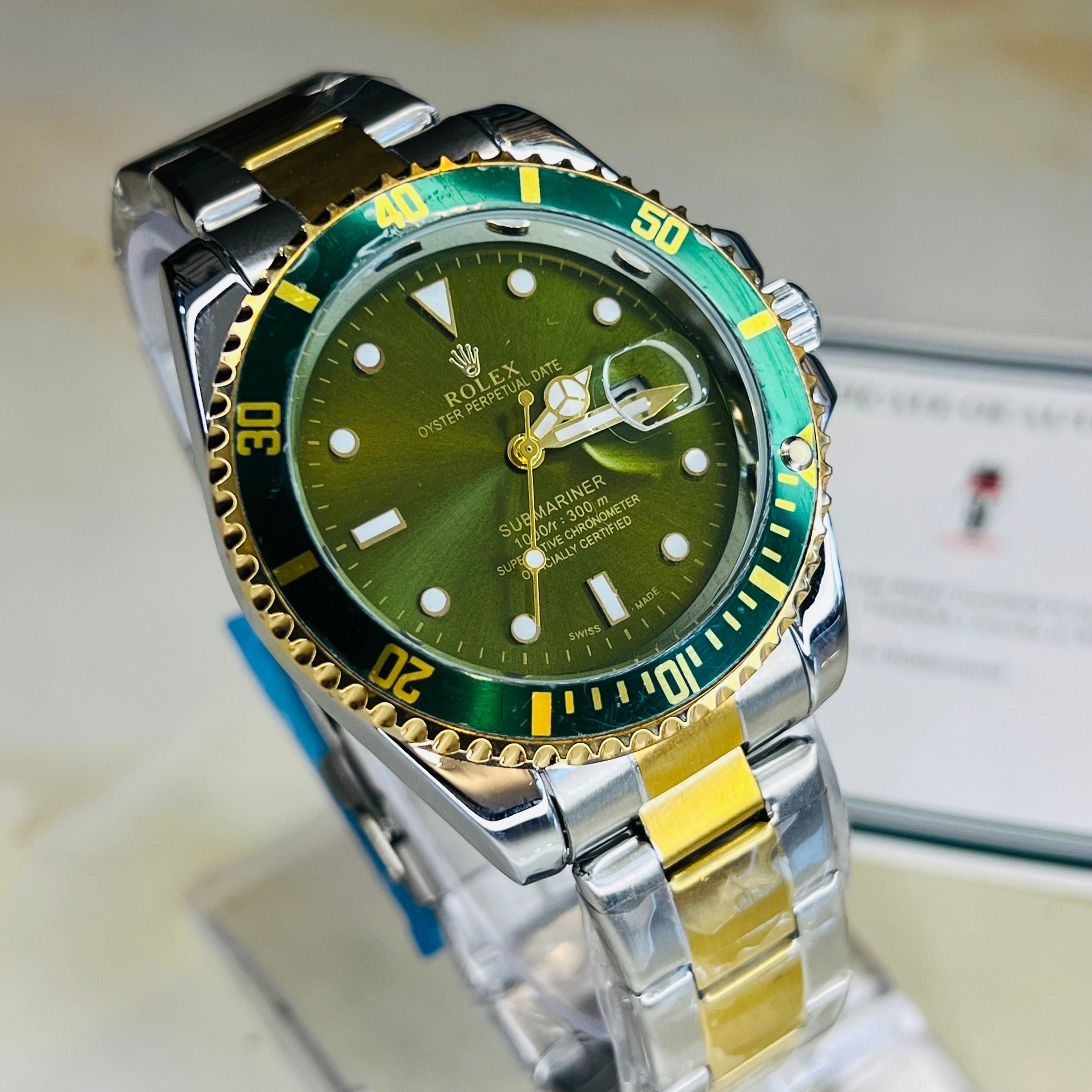 Two Tone Emerald Submariner Rotating Bezel Watch