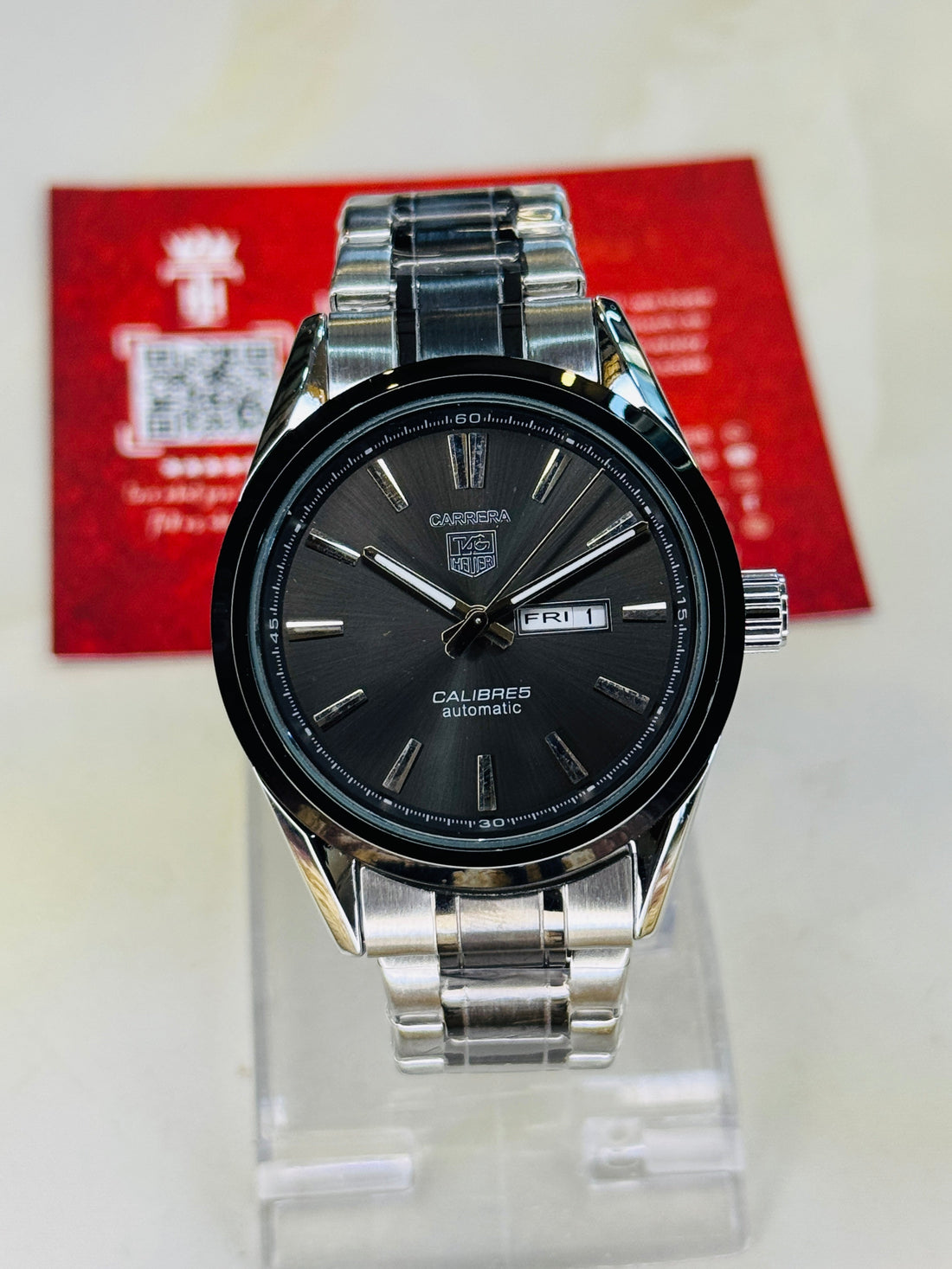 Silver Black Carrera Day Date Chain Strapped Watch