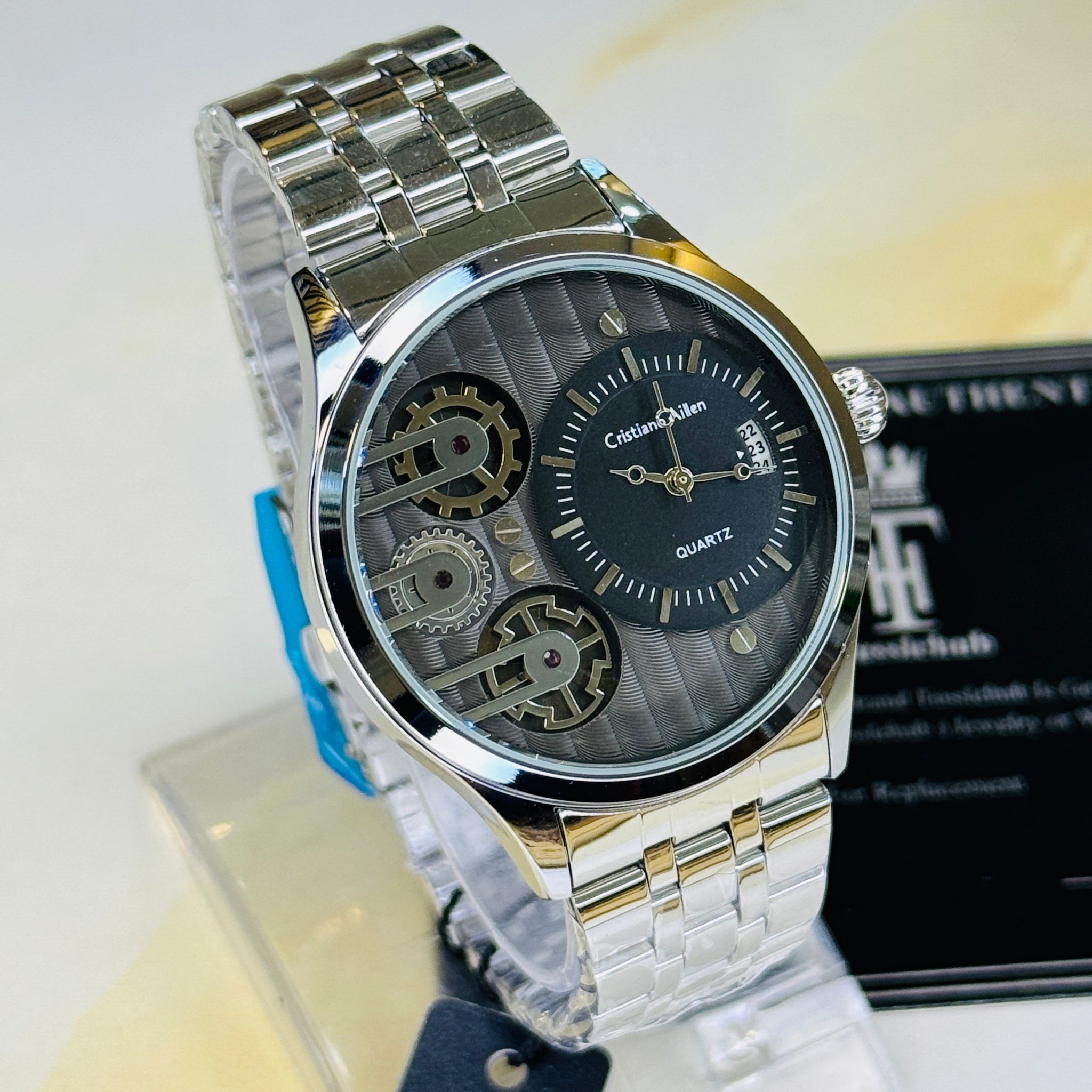 Silver Cristiano Aillen Black Dial Dual Gear Watch