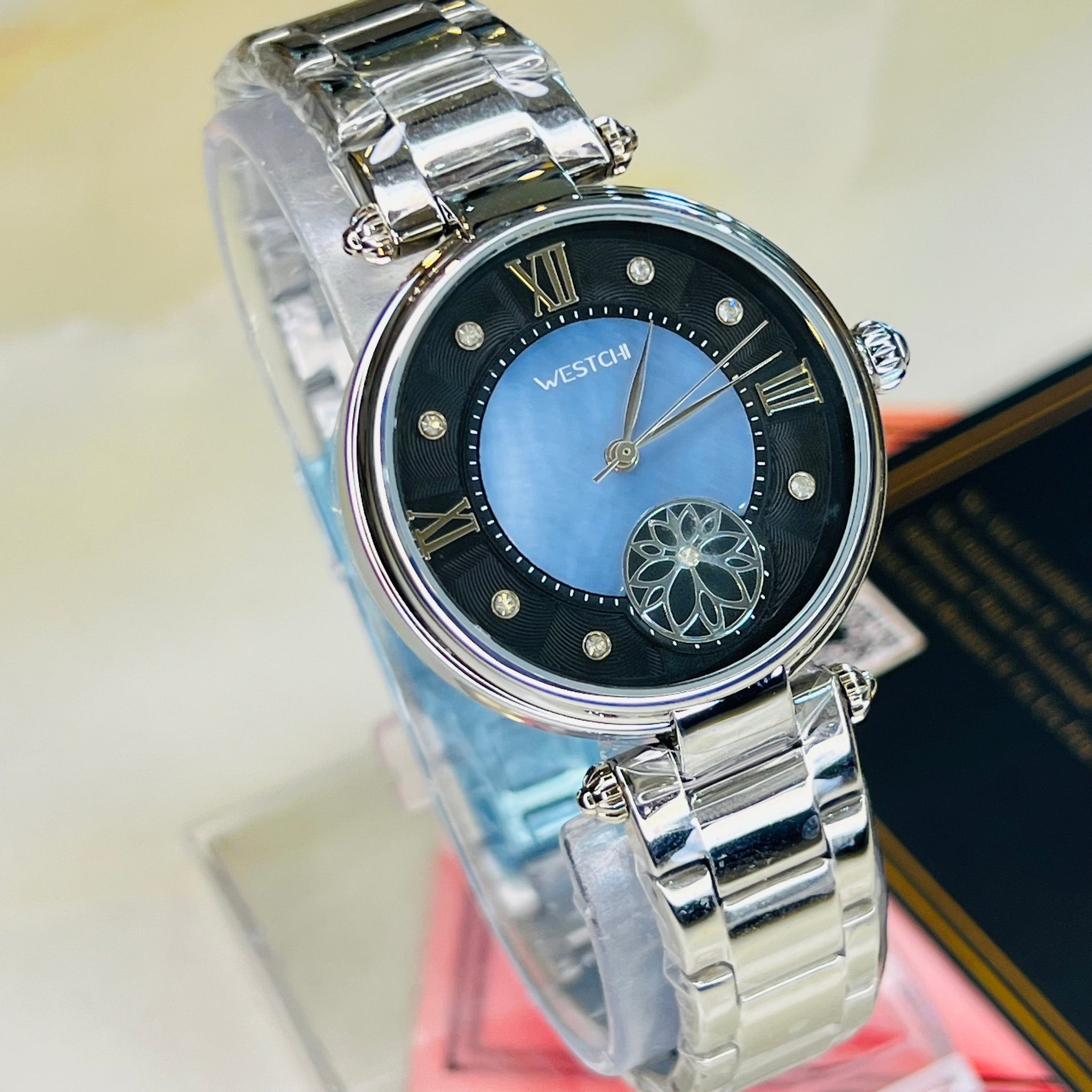 Silver Westchi Blue Black Dial Watch For Her