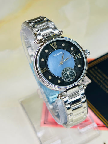 Silver Westchi Blue Black Dial Watch For Her