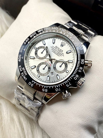 Rolex Daytona Rotating Bezel Quartz Machine | Quartz Chronograph Movement Silver Stainless Steel Strap Watch.