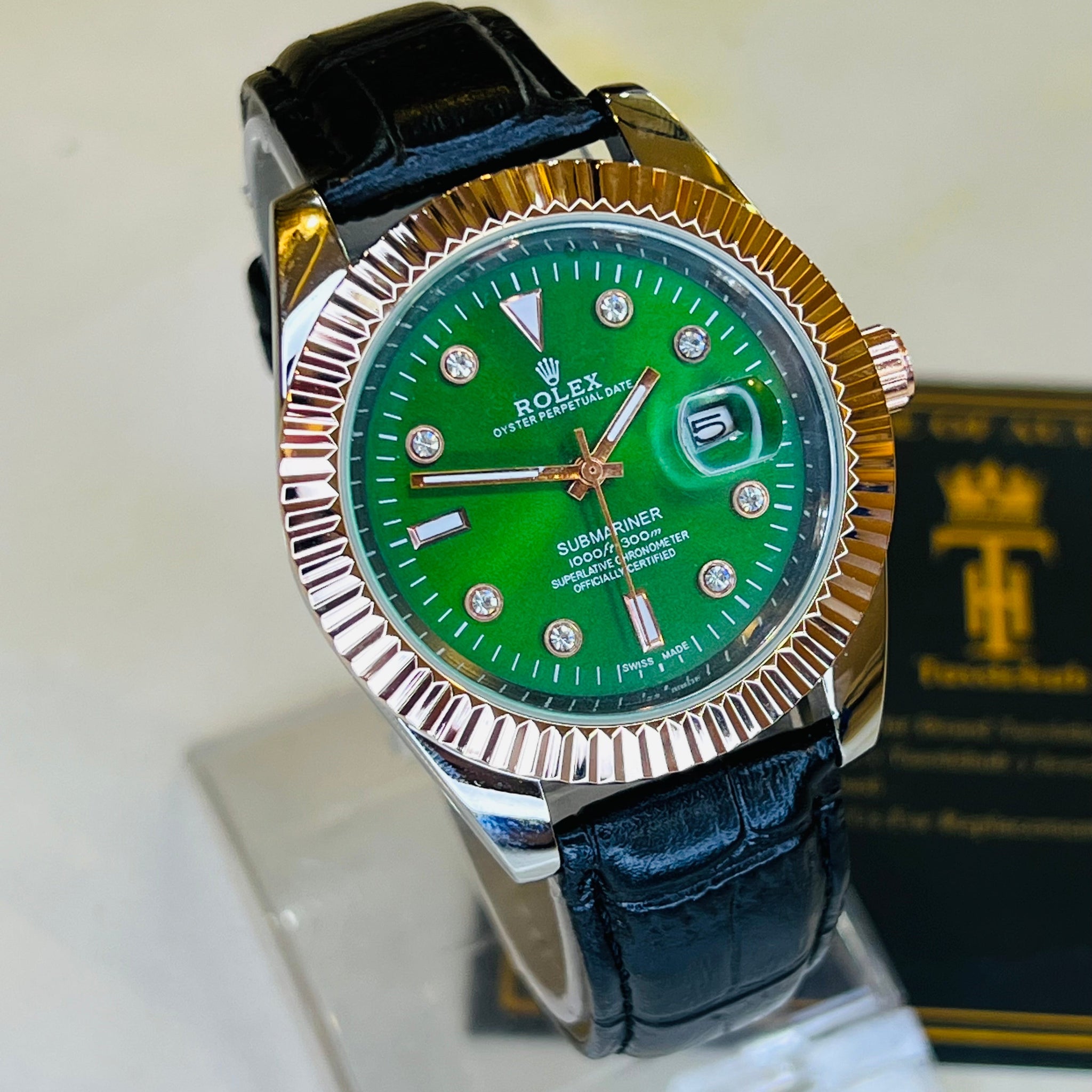 Black Rose Gold Emerald Leather Rolex Watch