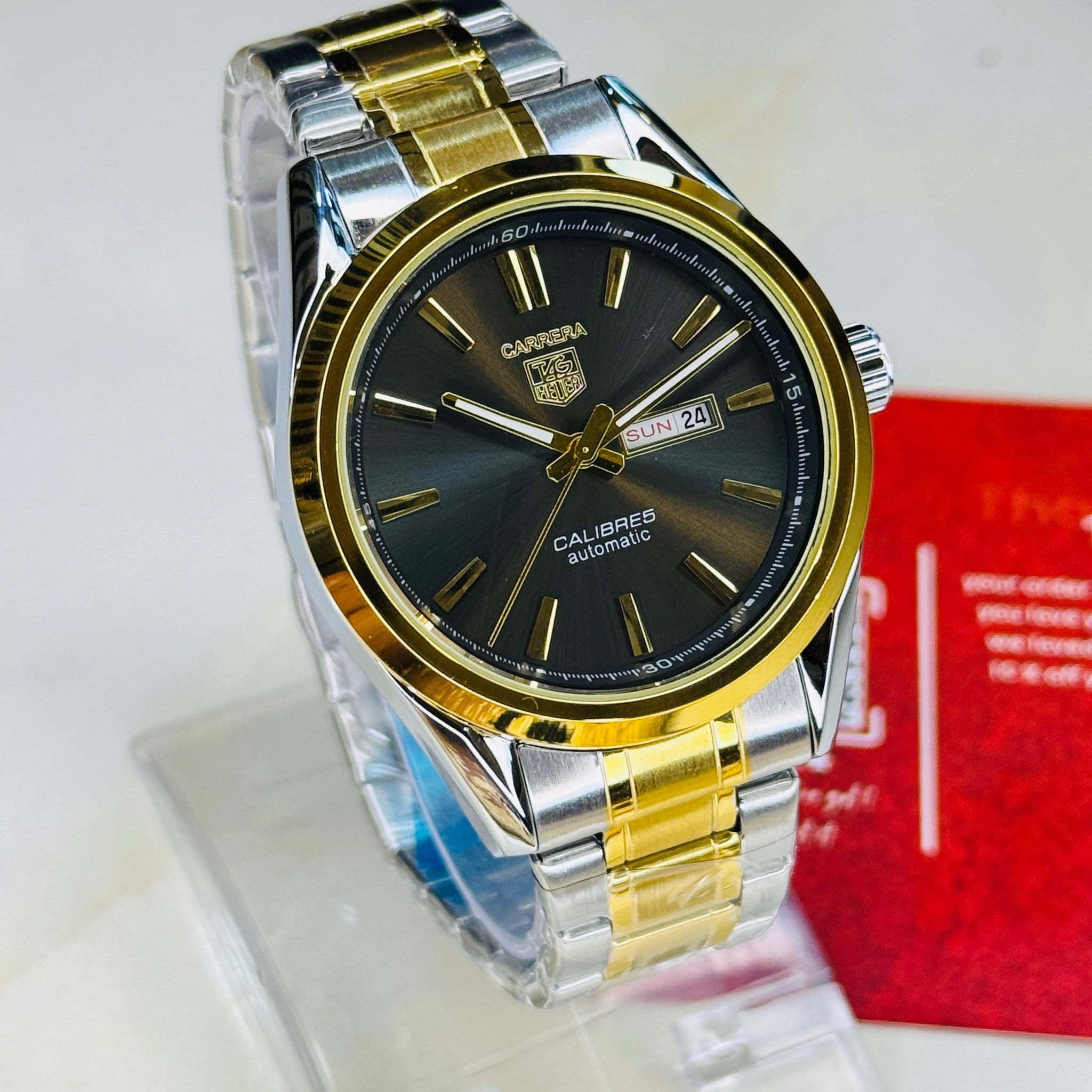 Tag Heur Two Tone Black Carrera Day Date Chain Strapped Watch