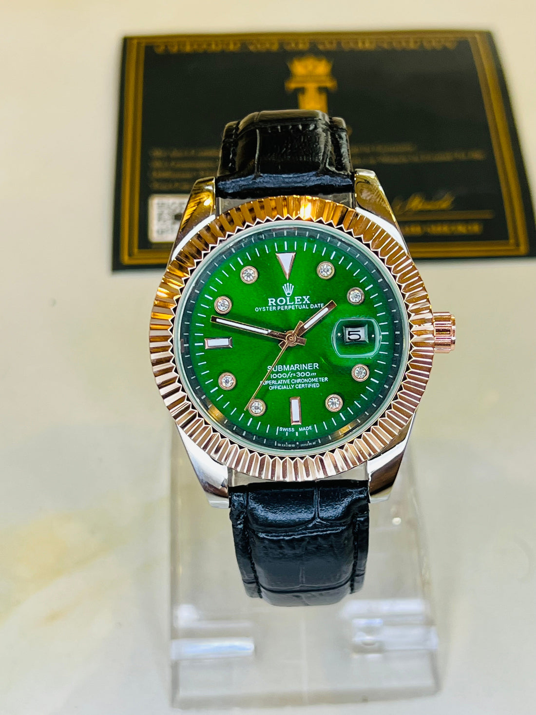 Black Rose Gold Emerald Leather Rolex Watch
