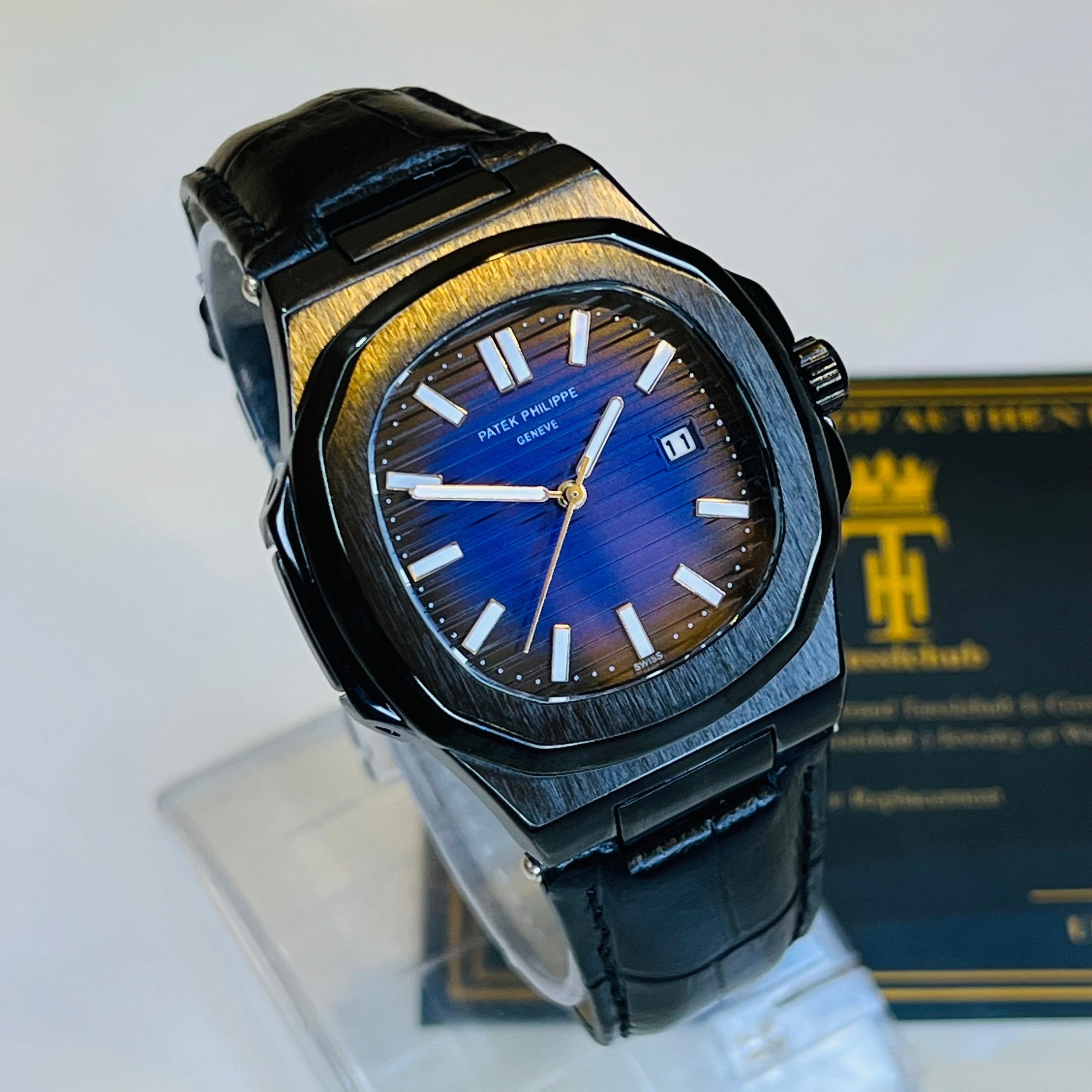Black Leather Black Sapphire Dial Nautilus Watch