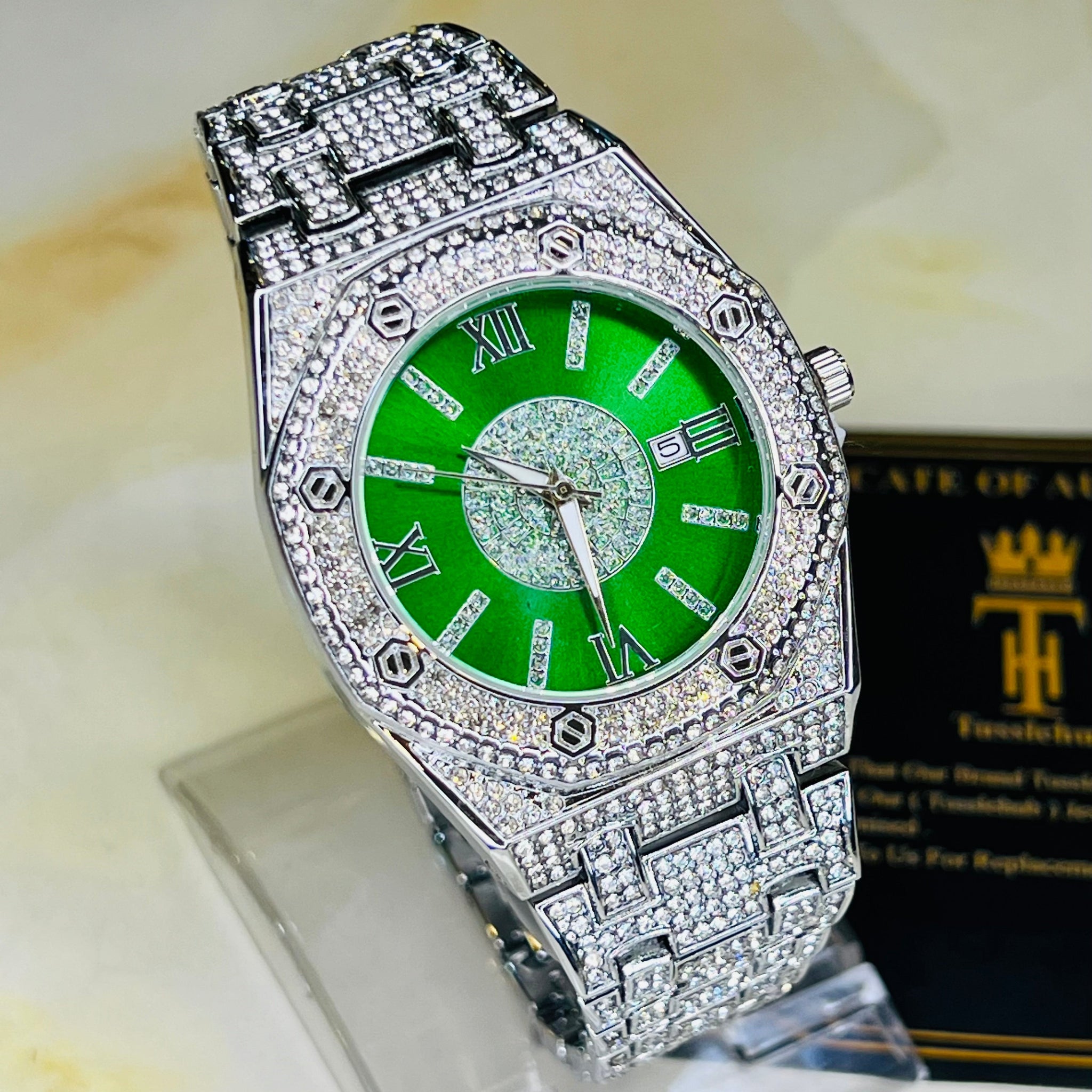 Silver Emerald AP Iced Out Watch