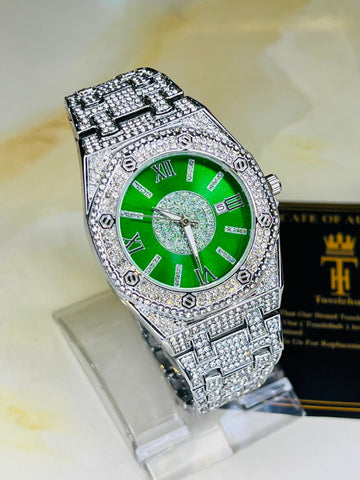 Silver Emerald AP Iced Out Watch