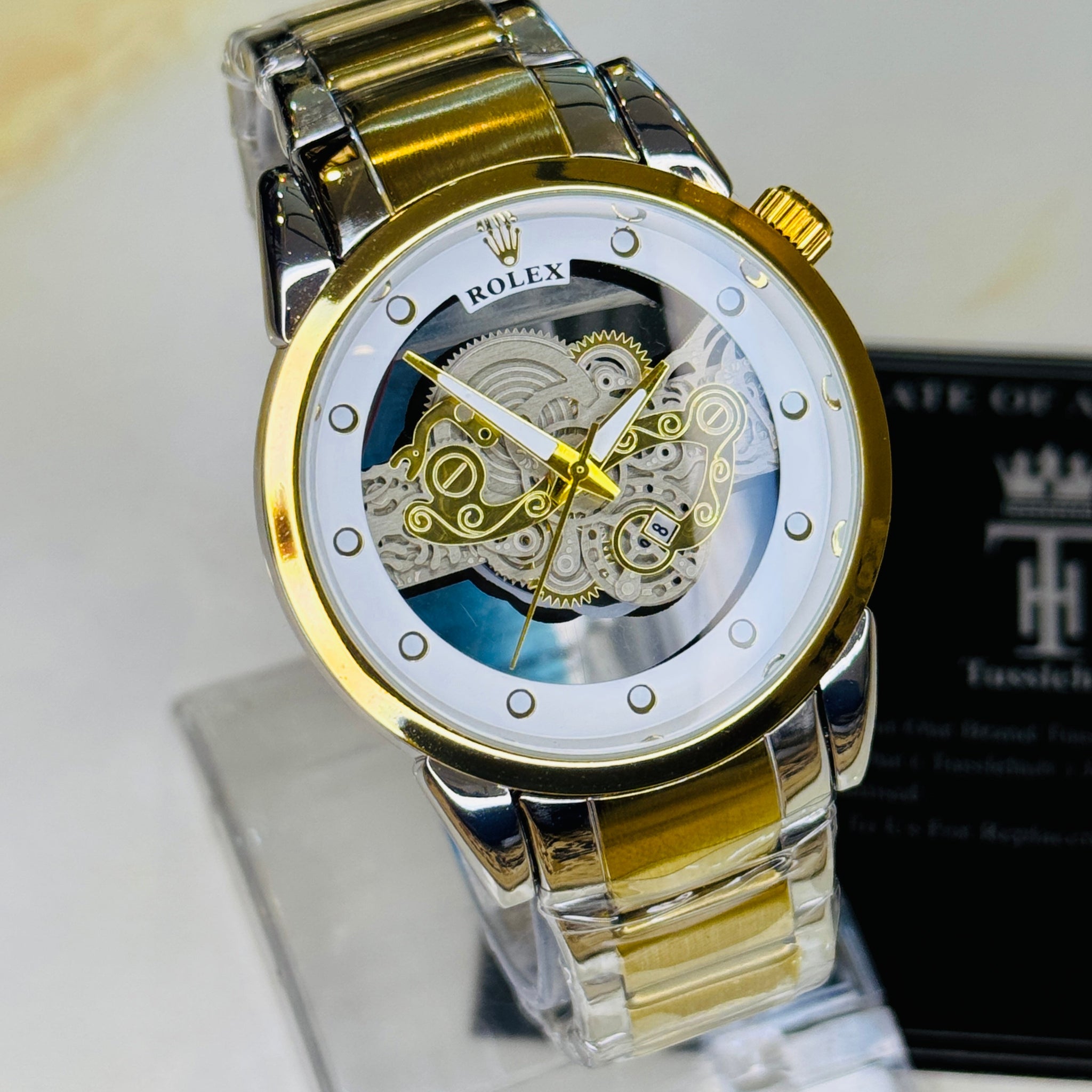 Two Tone White Skeleton Rolex Watch