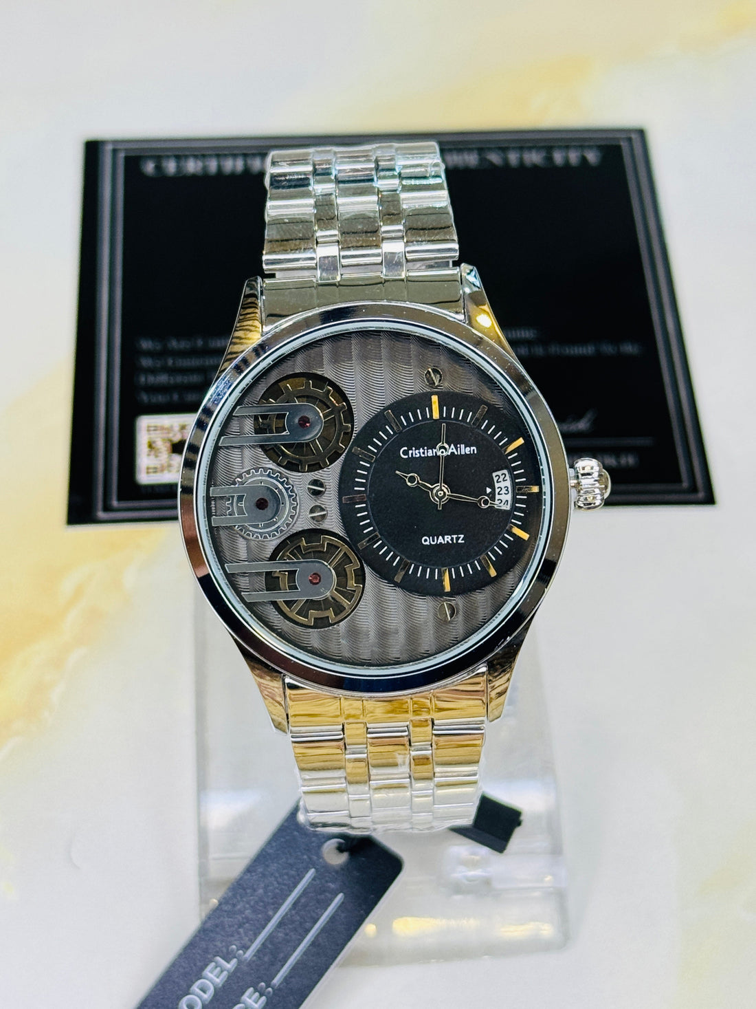 Silver Cristiano Aillen Black Dial Dual Gear Watch