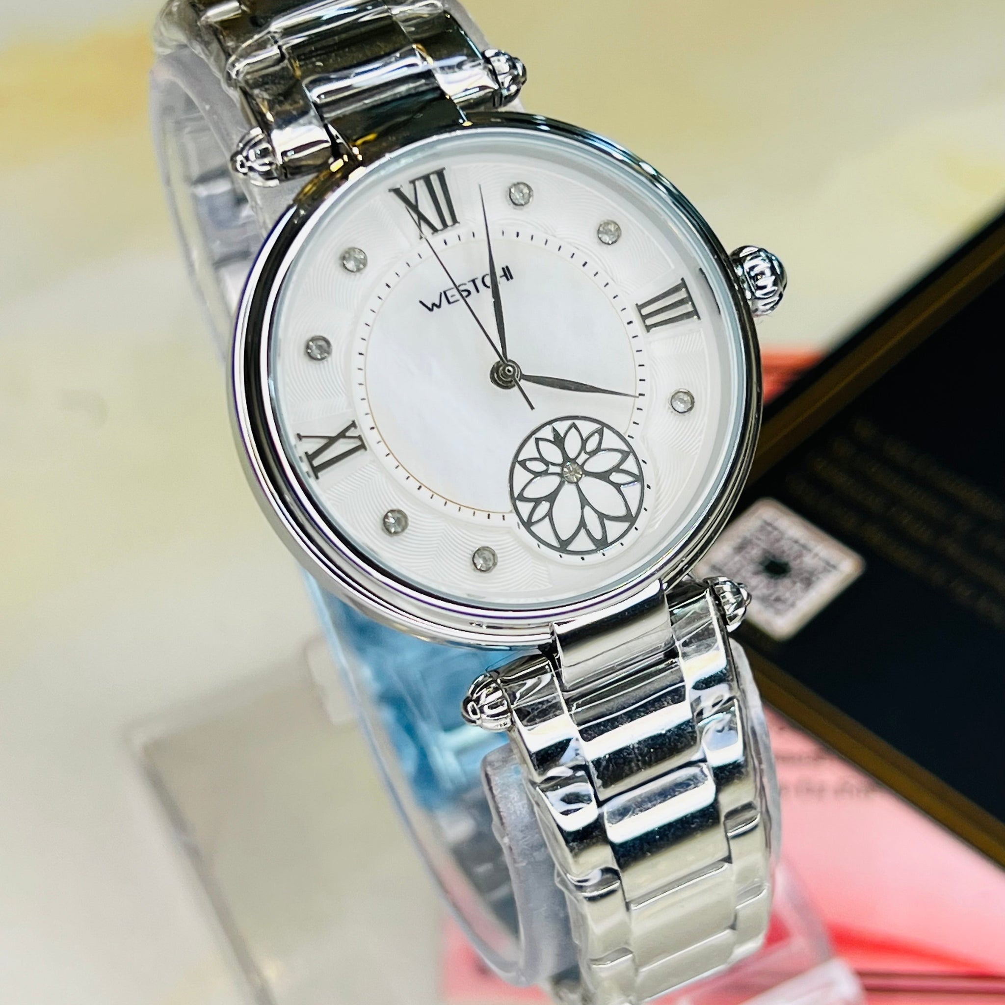 Silver Westchi White Floral Dial Watch For Her