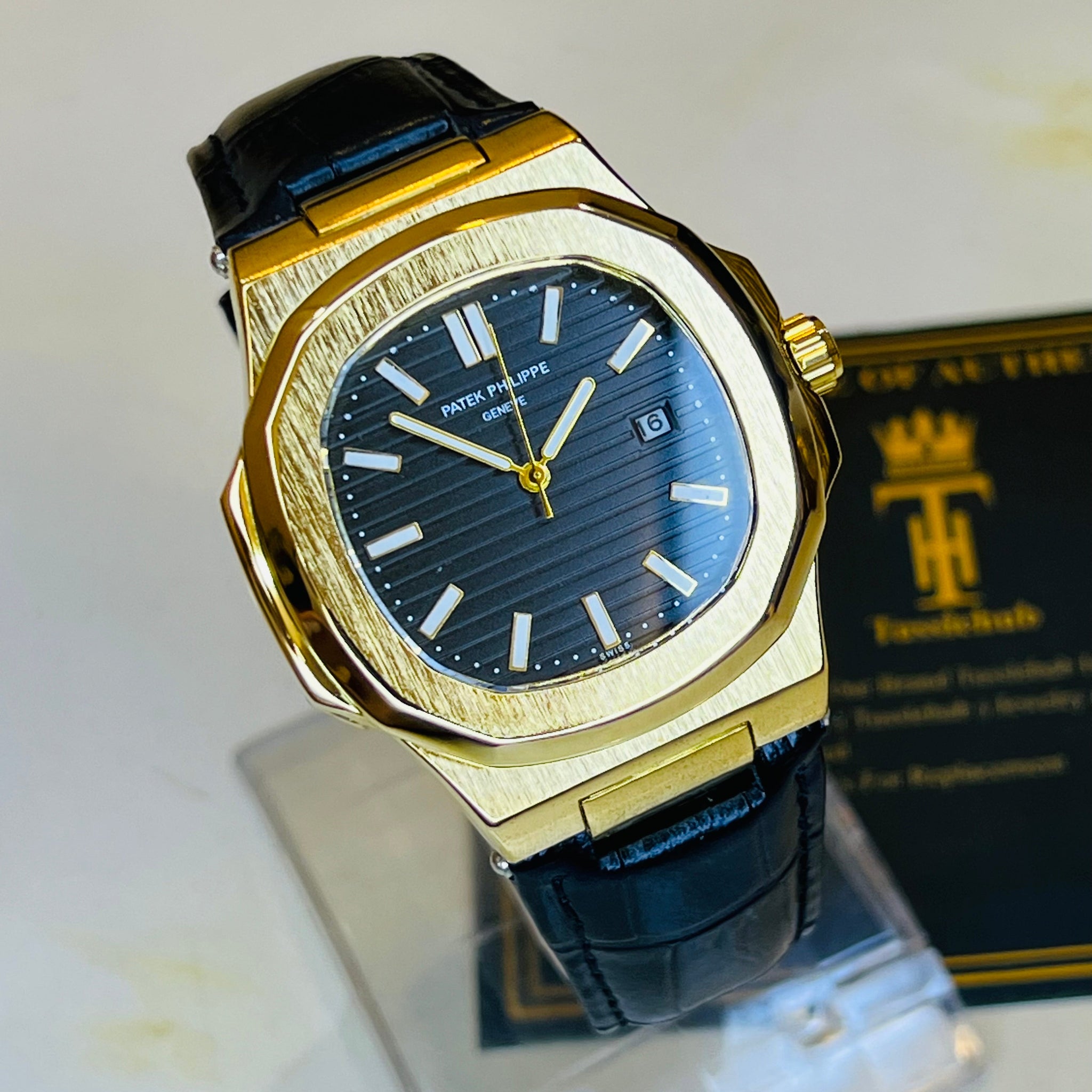 Black Leather Gold Black Dial Nautilus Watch