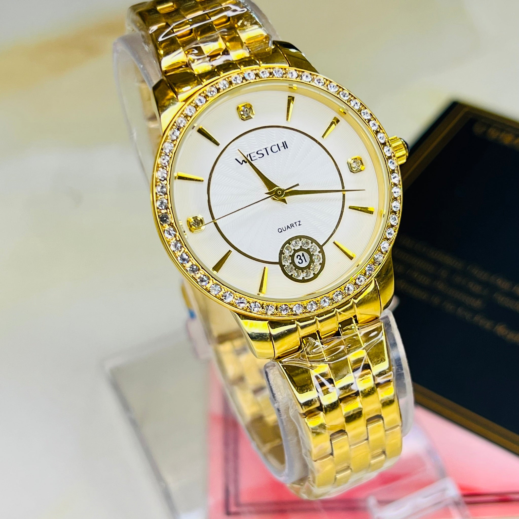 Gold Westchi White Iced Date Dial Watch For Her