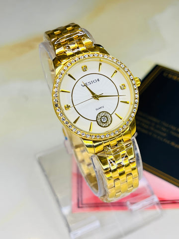 Gold Westchi White Iced Date Dial Watch For Her