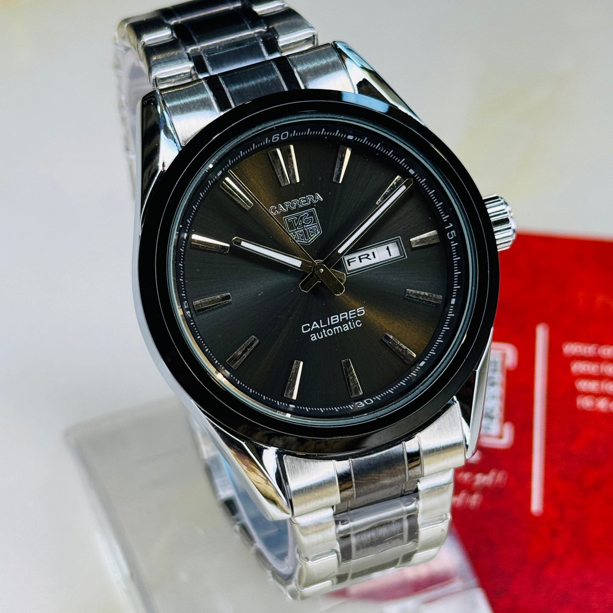 Silver Black Carrera Day Date Chain Strapped Watch