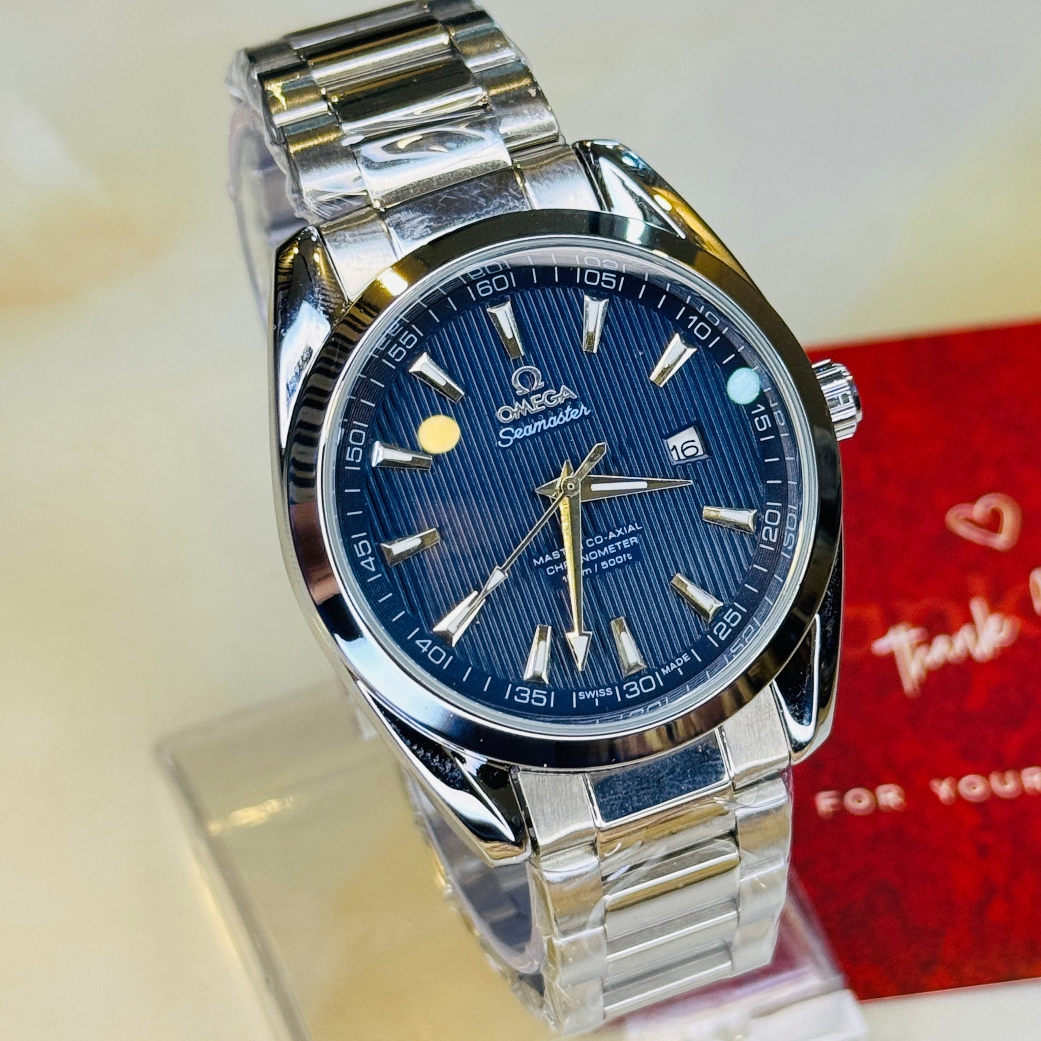 Silver Sapphire Chain Strapped Omega Sea Master Watch