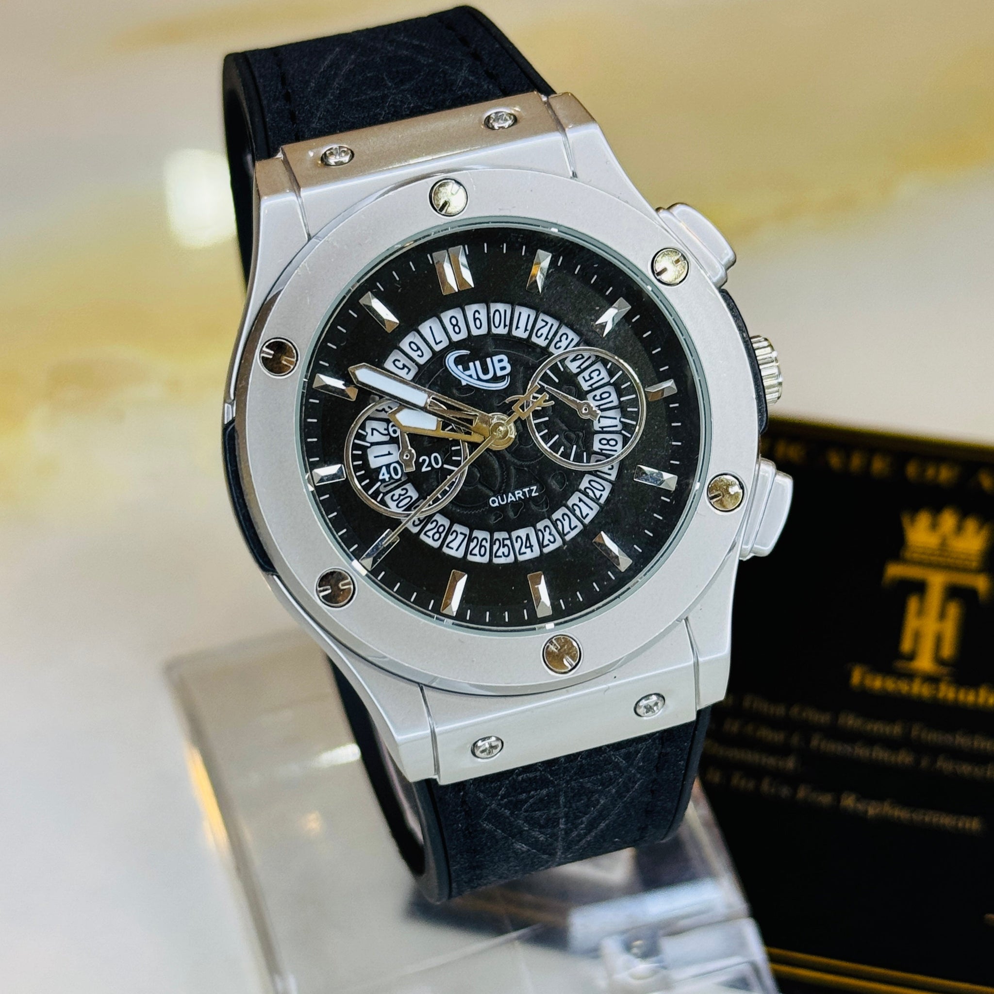 Black Silver Black Hologram Hublot Leather Strap Watch